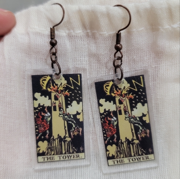 [SOLD] Tarot Card "The Tower" Copper Ox Resin Earrings - Picture 1 of 4